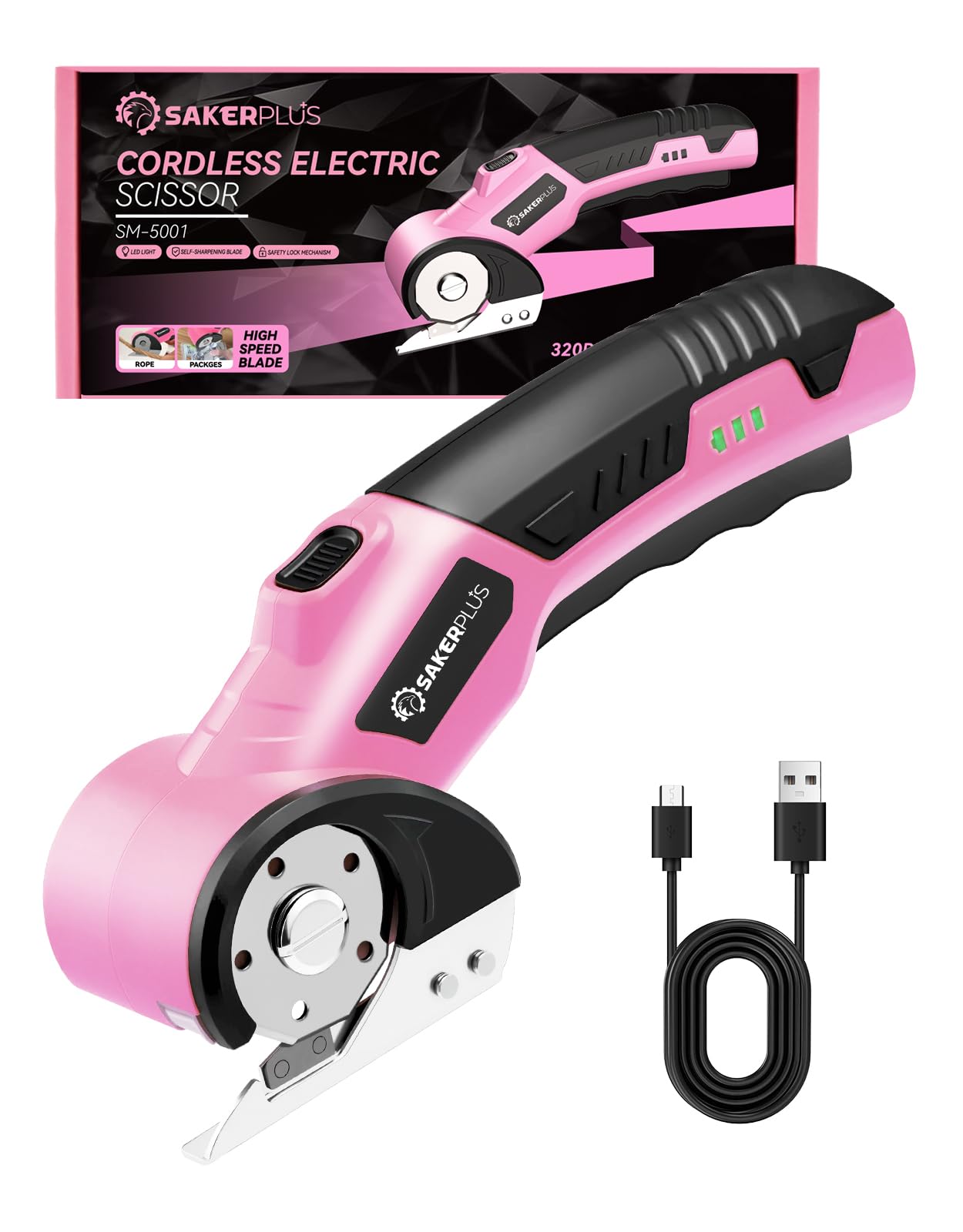 SakerPlus 4V Rechargeable Electric Scissors in use, showing the cutting blade and ergonomic grip.