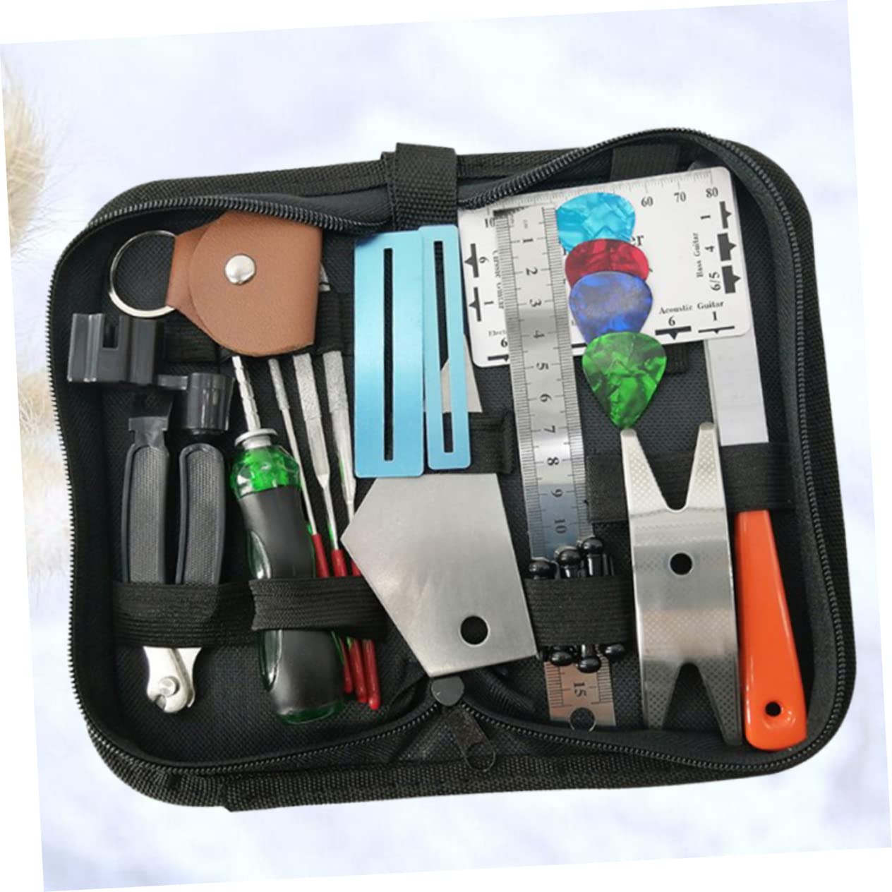 Kit Outils de Réparation de Guitare 24 Pièces, Outils D'entretien | Coupe-cordes, Lime à Frettes et Règle D’action, Acier Inoxydable et Métal, pour Ukulélé et Basse