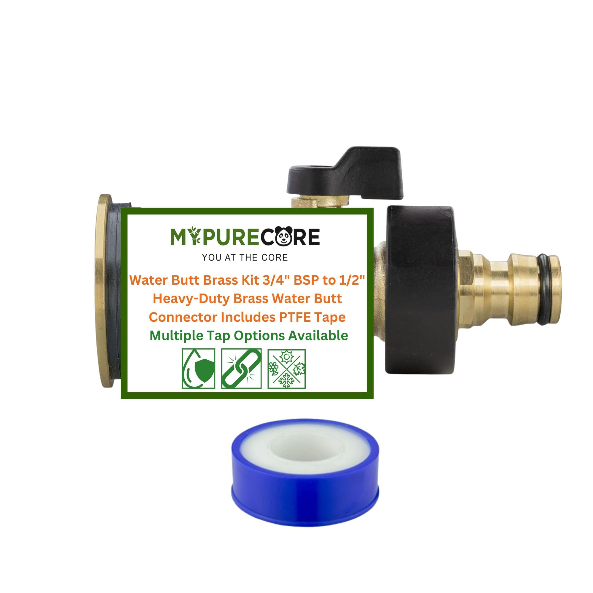 MYPURECORE Water Butt Brass Kit 3/4" BSP to 1/2" – Heavy-Duty Brass Tank Connector with Tap Options for Rainwater Harvesting & IBC Containers ((Valve with Quick Connect))