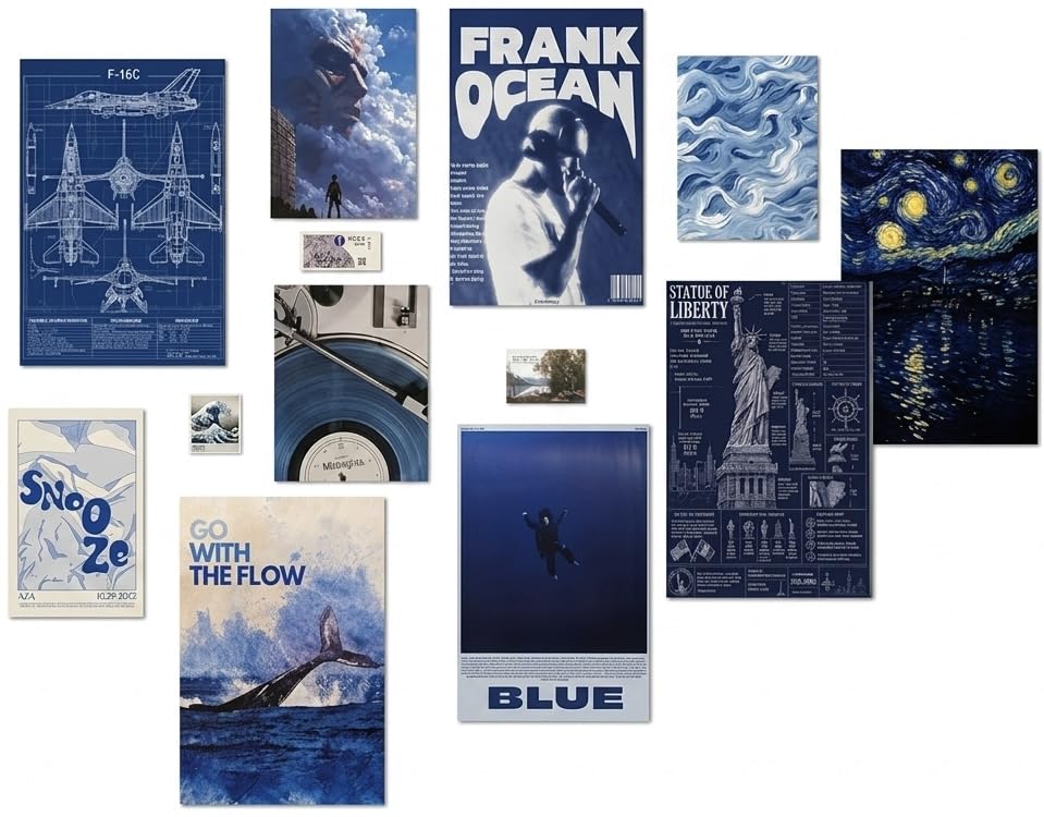 Image of 12 Piece Blue Aesthetic Poster Set | 300 GSM Multi-Sized Wall Posters with Adhesive Tape | Music, Ocean, Space & Vintage Art Prints for Bedroom, Room Decor, Home Decor, Living Room & Wall Art