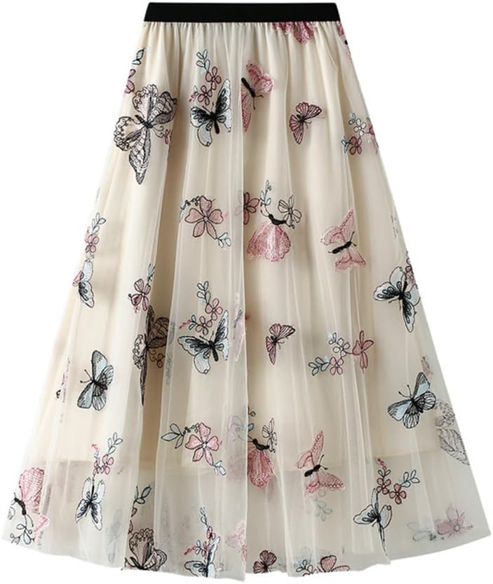 Womens Floral Midi Skirt High Waisted A Line Cute Layered Fairy Mesh Tulle Pleated Skirt