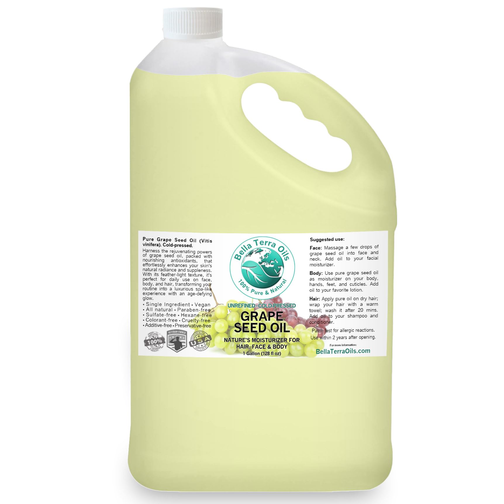 Aceite puro de semilla de uva Bella Terra Oils, 1 galón, rico en antioxidantes, ligero, piel radiante, cabello sin frizz, tacto sedoso.