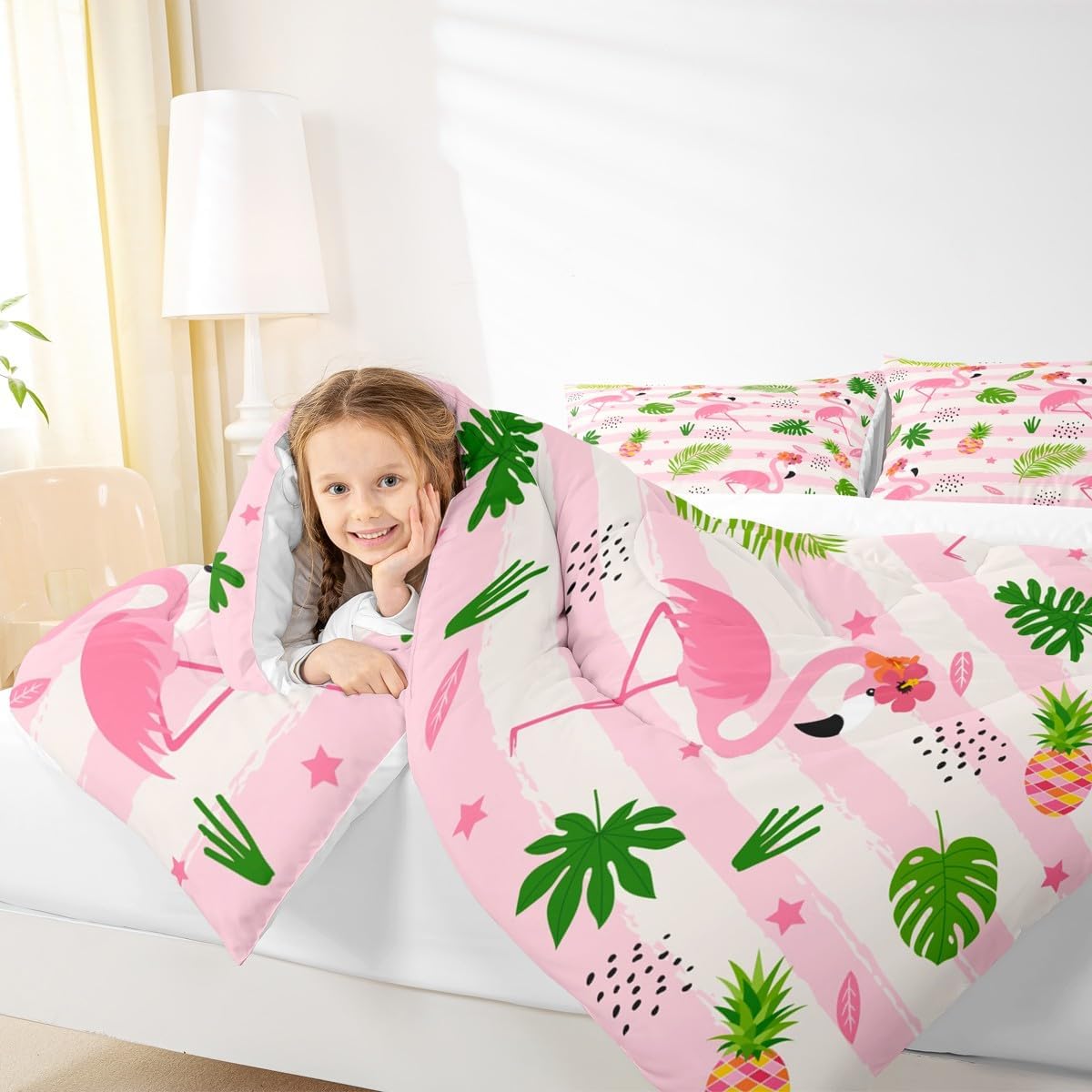 Feelyou Pink Flamingo Comforter Set Twin Size, Tropical Flamingo Bedding Set Flamingo Comforter Plam Leaves Duvet Set Breathable Bed Set 2Pcs