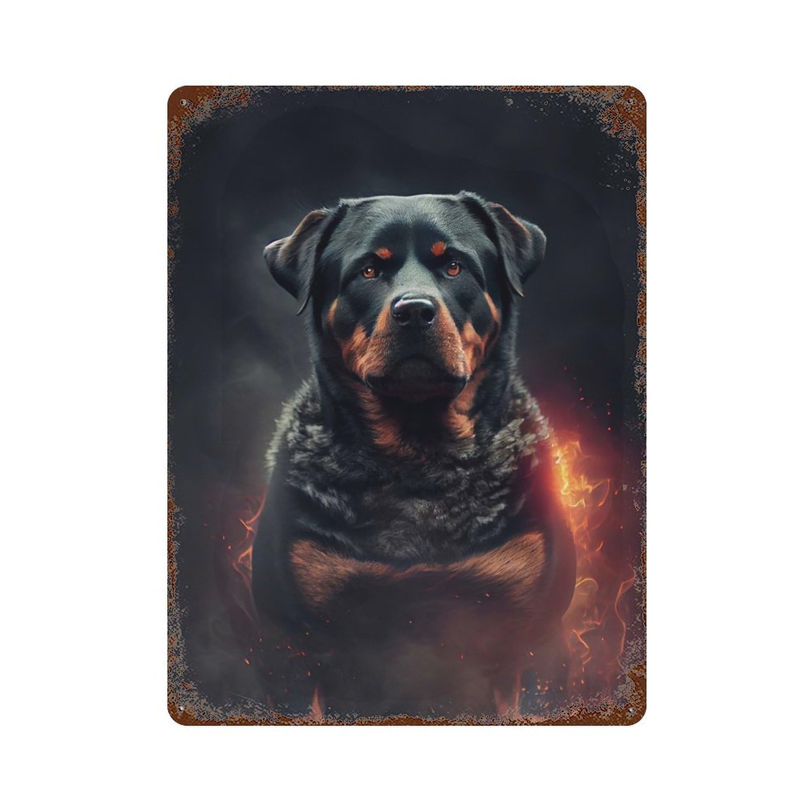 Rottweiler Fire 15.7"x11.8" Rust Effect Tin Sign, Decorative Metal Wall Art for Garage, Bar And Workshop Decor