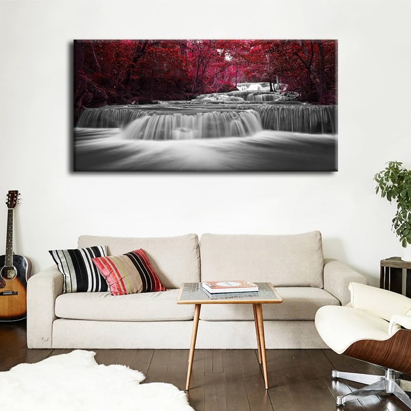 Miniatura 5 de Arte de pared para el hogar, decoración de cascada ancha y hojas rojas, impresiones en lienzo de hojas de arce, pinturas de arte de pintura de
