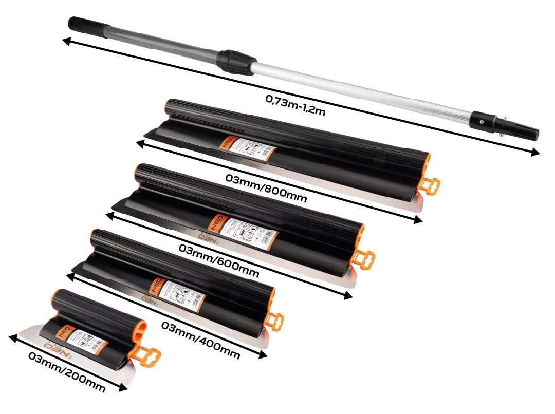 NEO TOOLS Zestaw szpachli do tynku i gipsu, 8-częściowy w walizce – szpachla powierzchniowa 200-800 mm z ostrzami ze stali nierdzewnej 0,3 mm, drążek teleskopowy 0,7-1,2 m, adapter i wałek do