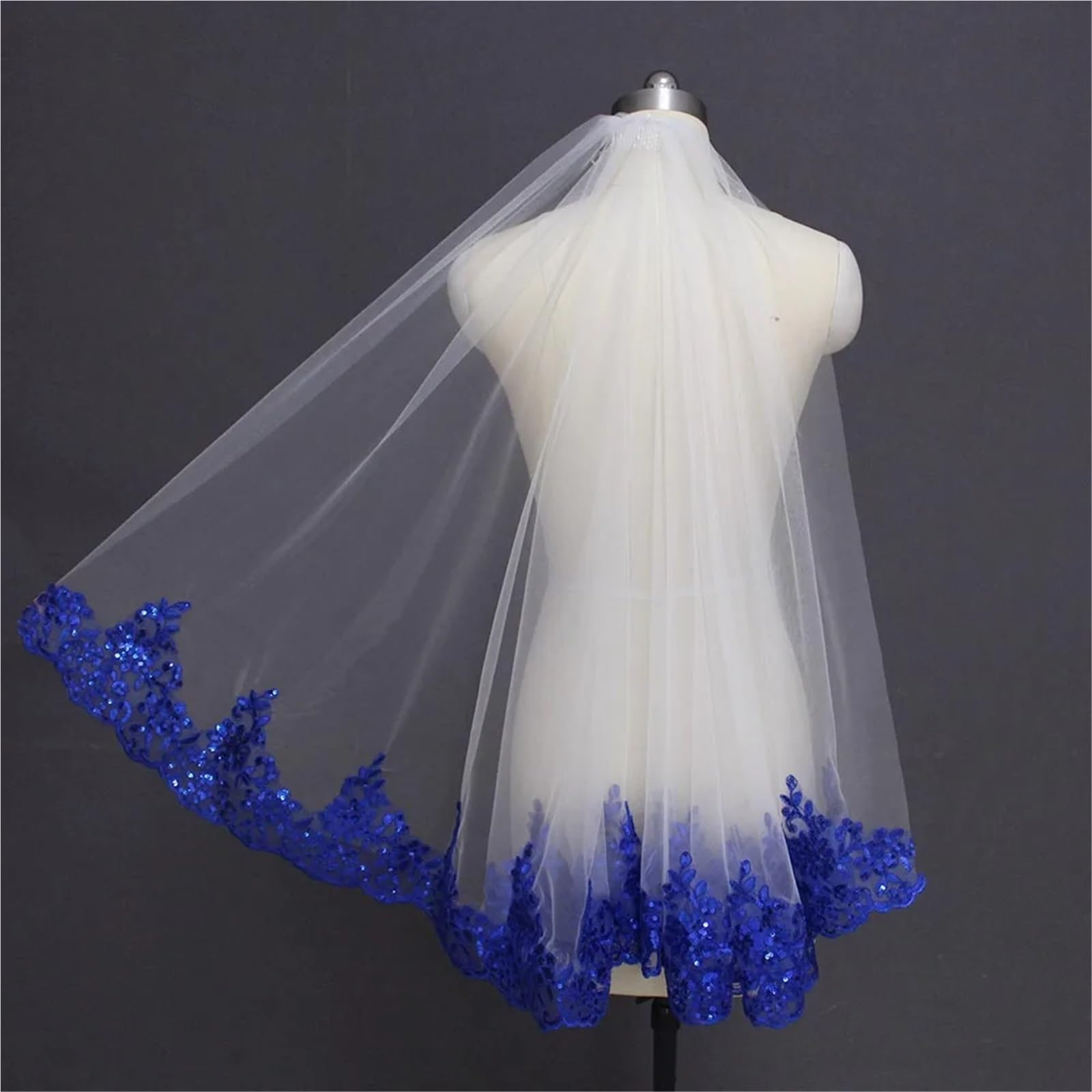 Brautschleier Blauer, Paillettenbesetzter Brautschleier Aus Weißer Und Elfenbeinfarbener Spitze, Einlagiger, Kurzer, Glänzender Hochzeitsschleier Mit Kamm(75cm)