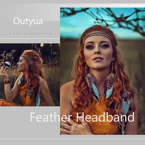 Miniatura 3 de Outyua Boho, tocado de plumas blancas Thurquoise Long Feather Heaband Indian Gpysy Festival, boda, accesorios de joyería para el cabello para