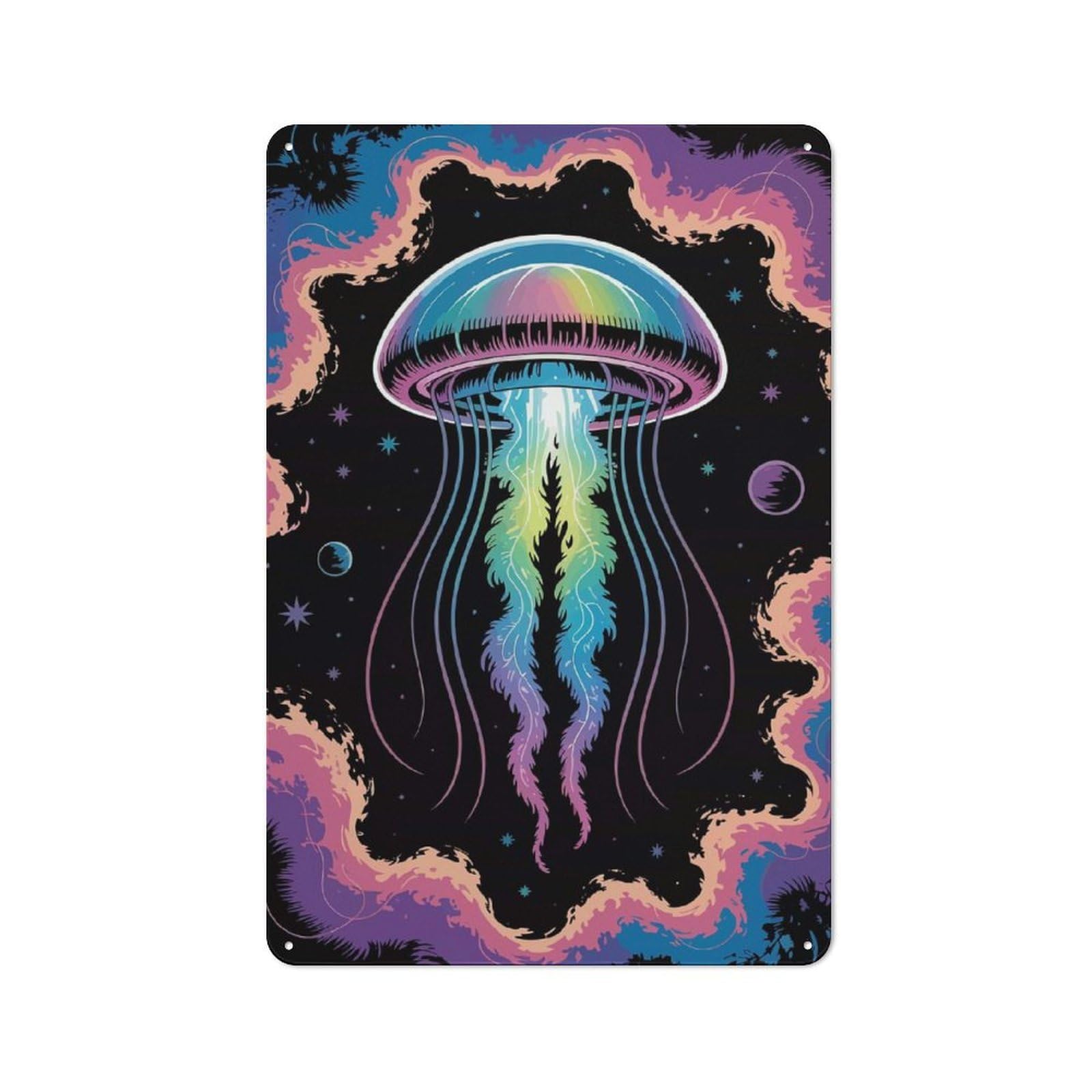 Junmoney Jellyfish In Space Loft Style Metal Wall Art Sign 30X20cm Featuring Urban Room Decor For Loft, Studio, Office Or Creative Room