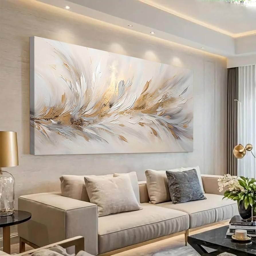 Rumlly Large Abstract Wall Art Modern Elegant Golden Feather for Living Room， Canvas Print Painting Luxury Minimalist Pictures(40x70cm/Canvas Wrap)