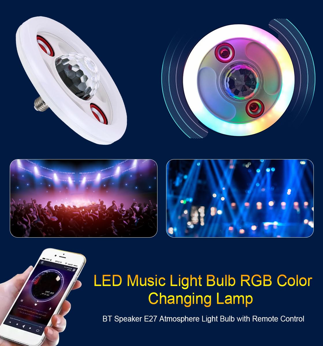 Lampadina musicale LED RGB da 36 W con altoparlante Bluetooth, attacco E27, telecomando, lampada per atmosfera che cambia colore
