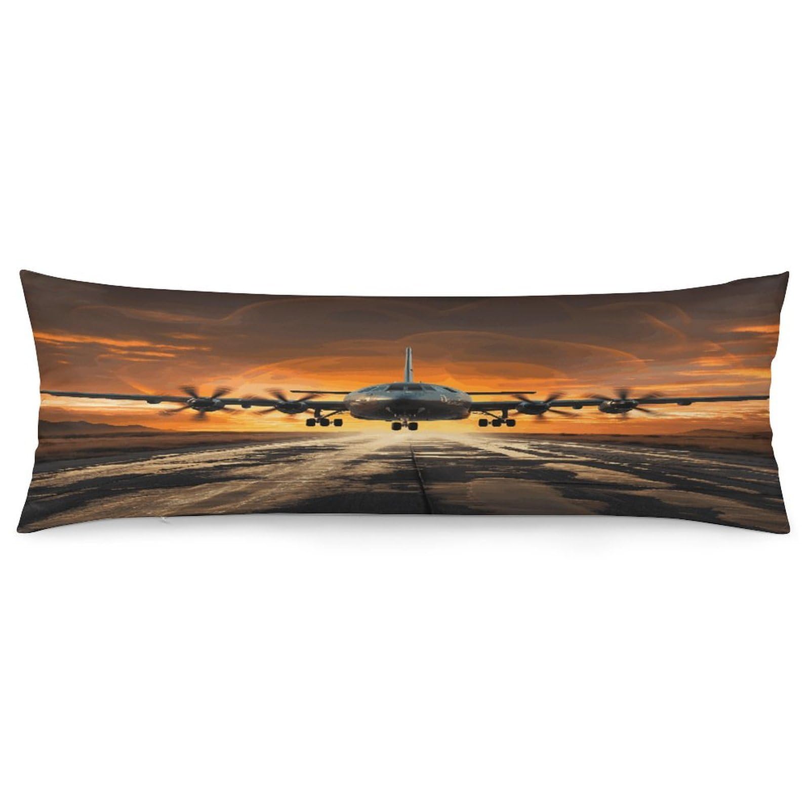 Military Plane Landing on Airforce Runways Against Beautiful Dusky Sky Throw Pillow Cover Soft Lumbar Pillow Covers with Zipper Breathable Rectangular Cushion Case Polyester Pillow Case Decorative Bod