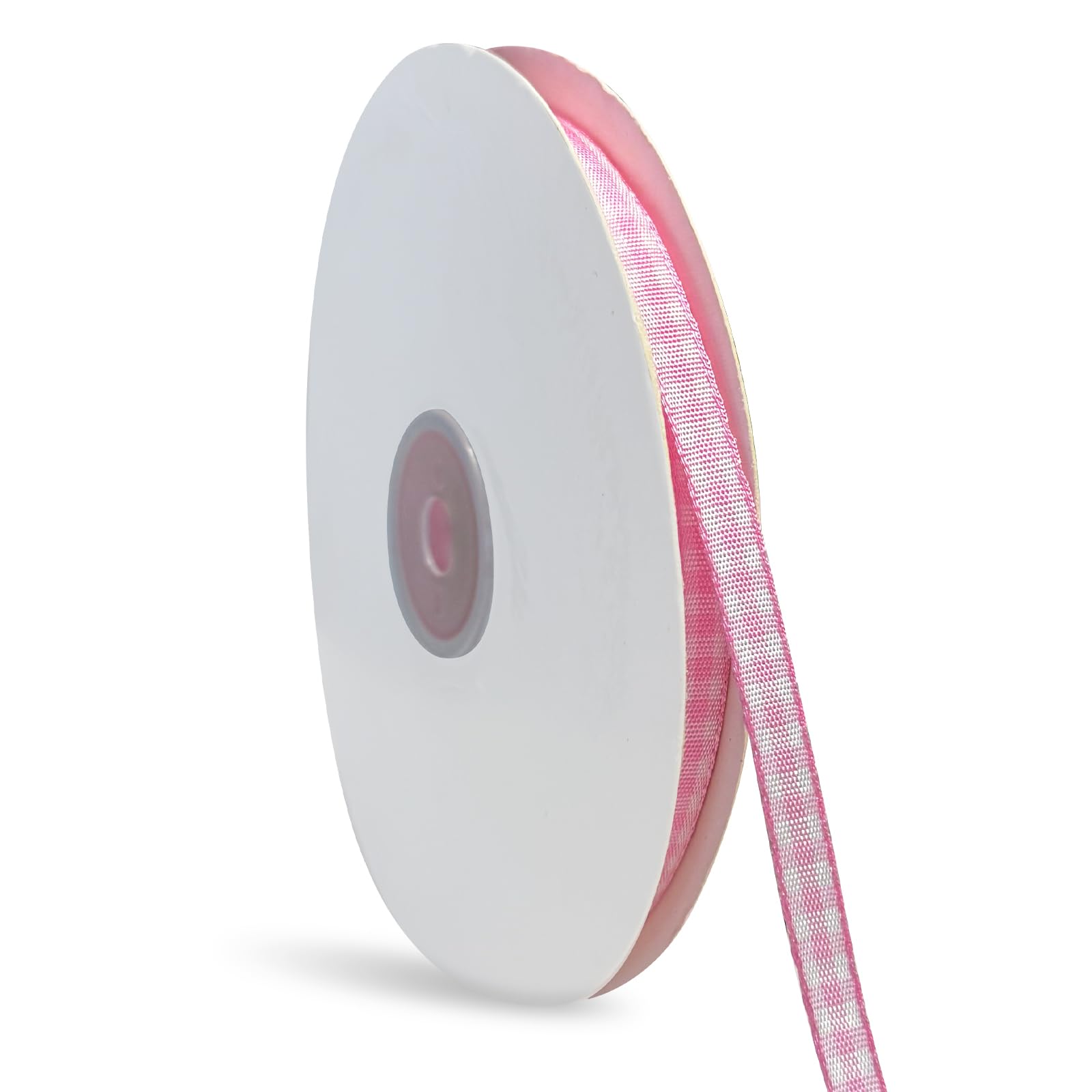 Photo 1 of 1 Rolls Gingham Ribbon, 1/4 Inch x 50 Yard Plaid Ribbon 100% Polyester Woven Edge Picnic Craft Ribbon for Crafts, Gift Wrapping, Party Decoration (Pink and White)