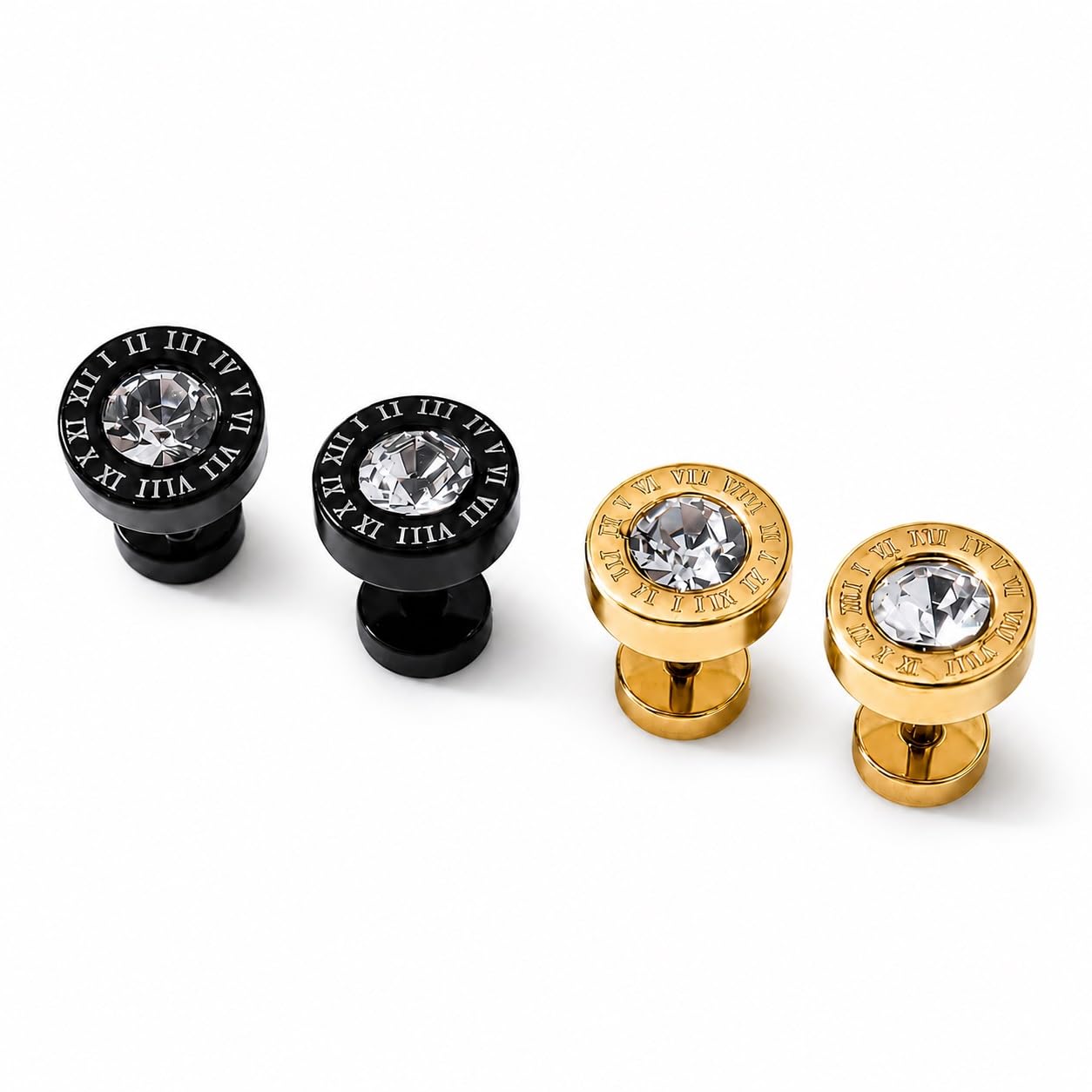 1 Pair Golden & Black Plated Roman Numeral Round With Crystal Stone Earrings-picture-41