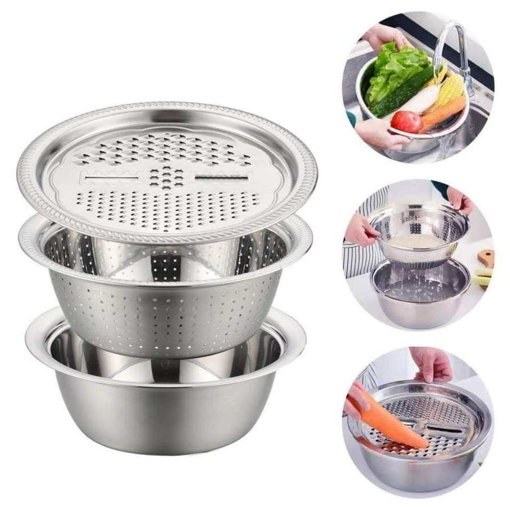3 in 1 Multifunctional Stainless Steel Basin Set with Drain Basin and Mandoline Vegetable Fruits Slicer Grater for Kitchen (26cm)