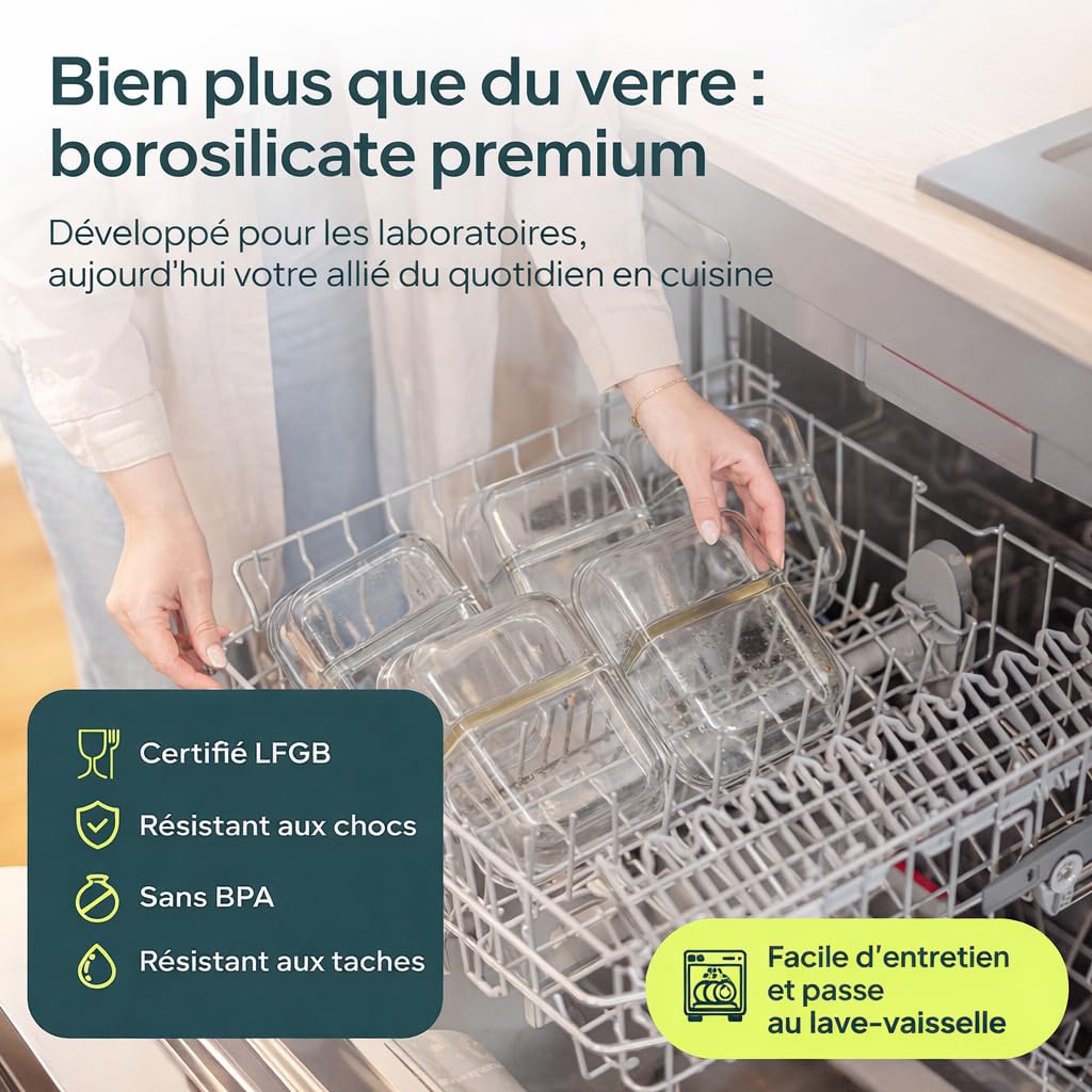 Uandu Lot de 10 Boîtes Alimentaires en Verre Hermétiques avec Couvercle, Verre Borosilicate, Idéal pour les Repas et le Meal Prep, Sans BPA, Compatible Micro-ondes, Four, Congélateur et Lave-vaisselle