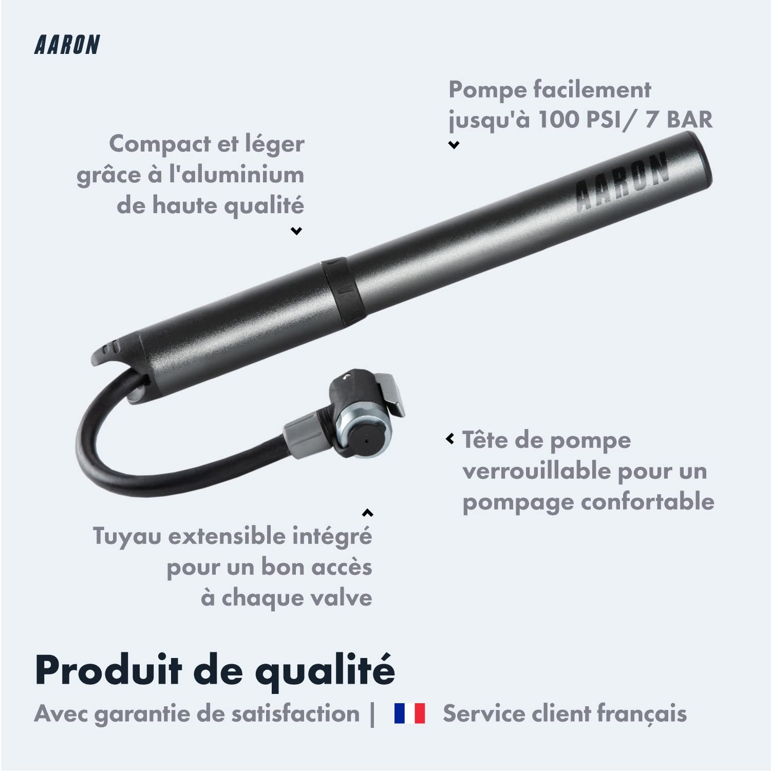 AARON Pocket One Mini Pompe à vélo pour Toutes Les valves – Pompe à air compacte adaptée à Tous Les Cadres – Pompe Manuelle pour Les déplacements avec kit de gonflage Gratuit – Pompe à Roue en