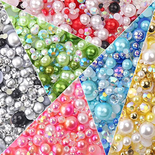 Mixed Half Round Pearls & Resin Rhinestones, Flatback Loose Pearls & Transparent Jelly Ab Rhinestones For Nail Art Embellishments (50G/Bottle, Pink Series) #TOP4