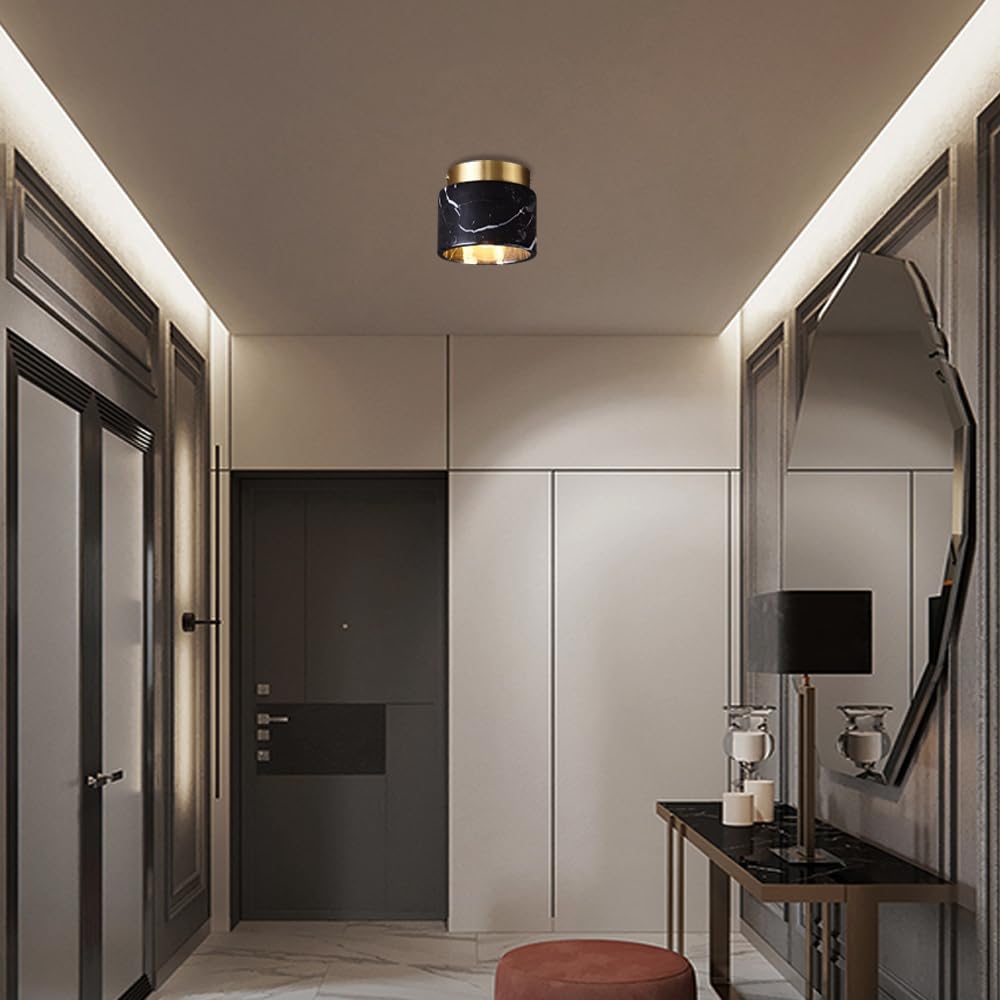 Nordic Marble Ceiling Light Cylindryczna Sufitowa Do Wejścia, Do Korytarza, Mosiężna Sufitowa Do Korytarza I Ganku, Mała Sufitowa Z Marmurowym Abażurem/Czarny