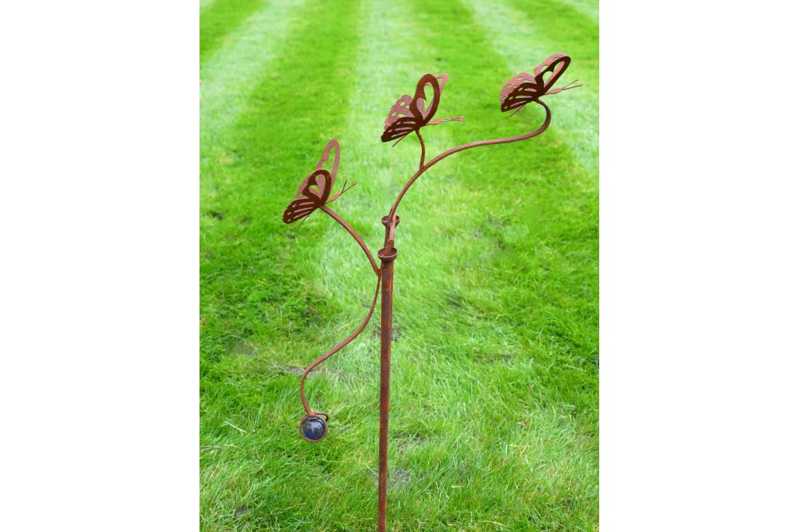 Maisonica Brown Pretty Butterflies Butterfly Garden Spinner Stake Decor - Rusty Metal Finish - 1.07M