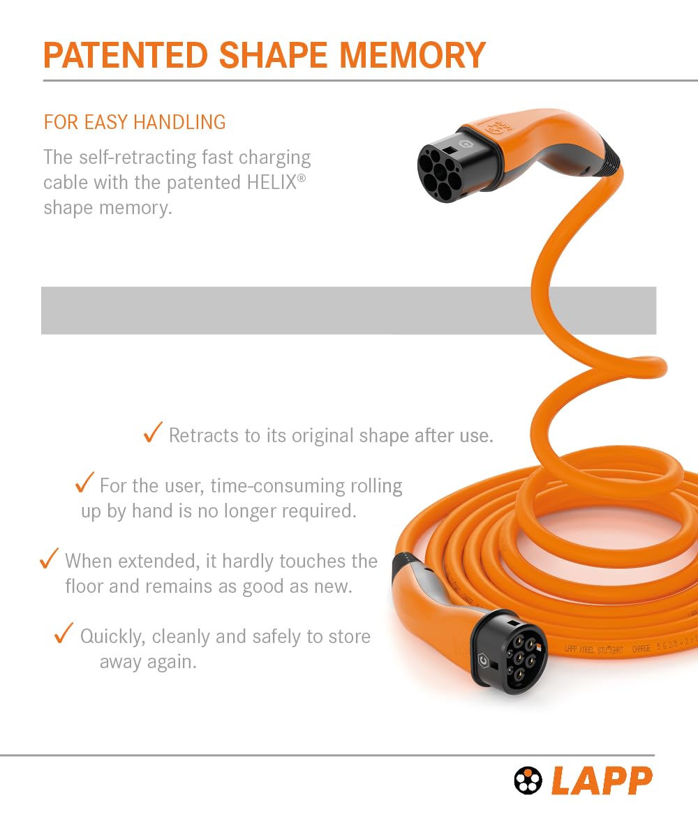 LAPP Mobility Cable Carga Coche Electrico Tipo 2, 22kW, 32A, Autorretráctil, Trifásico, Modo 3 - Cable Recarga EV Rapida - para Casa Wallbox y Estacion De Carga Coche, 5m Naranja