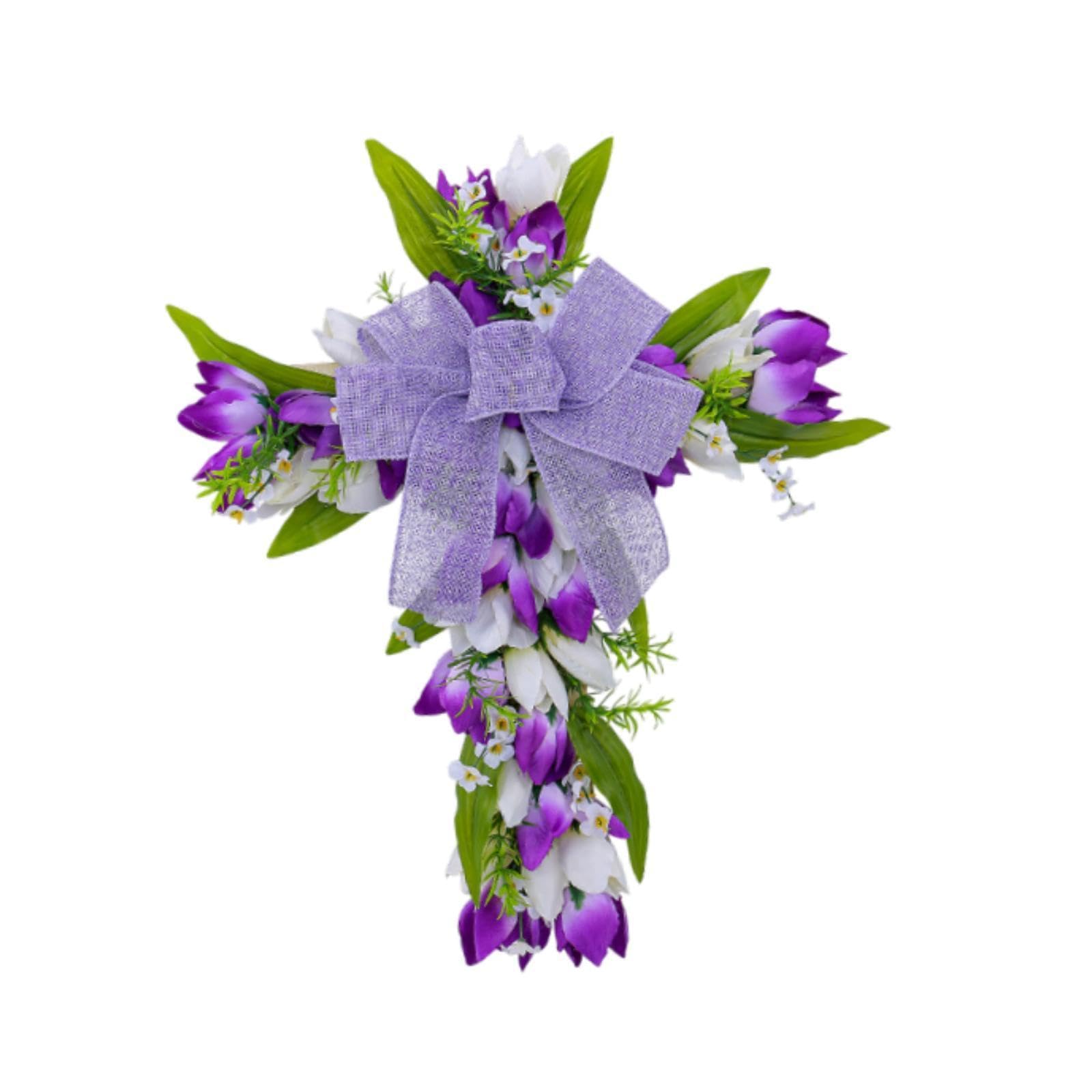 Ghirlanda Pasquale Croce con Fiocco Tessuto Artificiali Foglie Verdi Costruzione in PP E Legno Adatta a Decorazione Casa Tavolo, Fiori bianchi viola