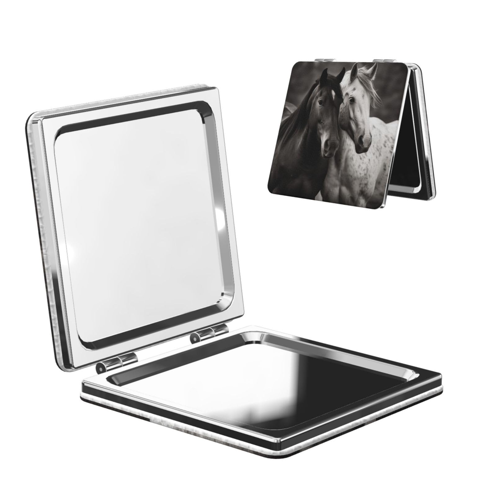 DWVTSLH Black and White Horses Compact Mirror for Purse, Double-Sided 2X/1X Magnifying Mirror for Women Men, Travel Makeup Mirror for Handbag, Handheld Vanity Mirror for Gift