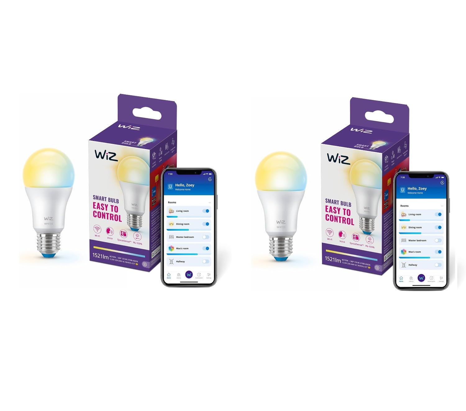 WiZ Bundle – 2 x Wi-Fi BLE 100 W A60 E27 stimmbare weiße Smart-Leuchtmittel | dimmbare LED, warmes bis kühles Licht, App- und Sprachsteuerung, funktioniert mit Alexa, Google Home und Apple