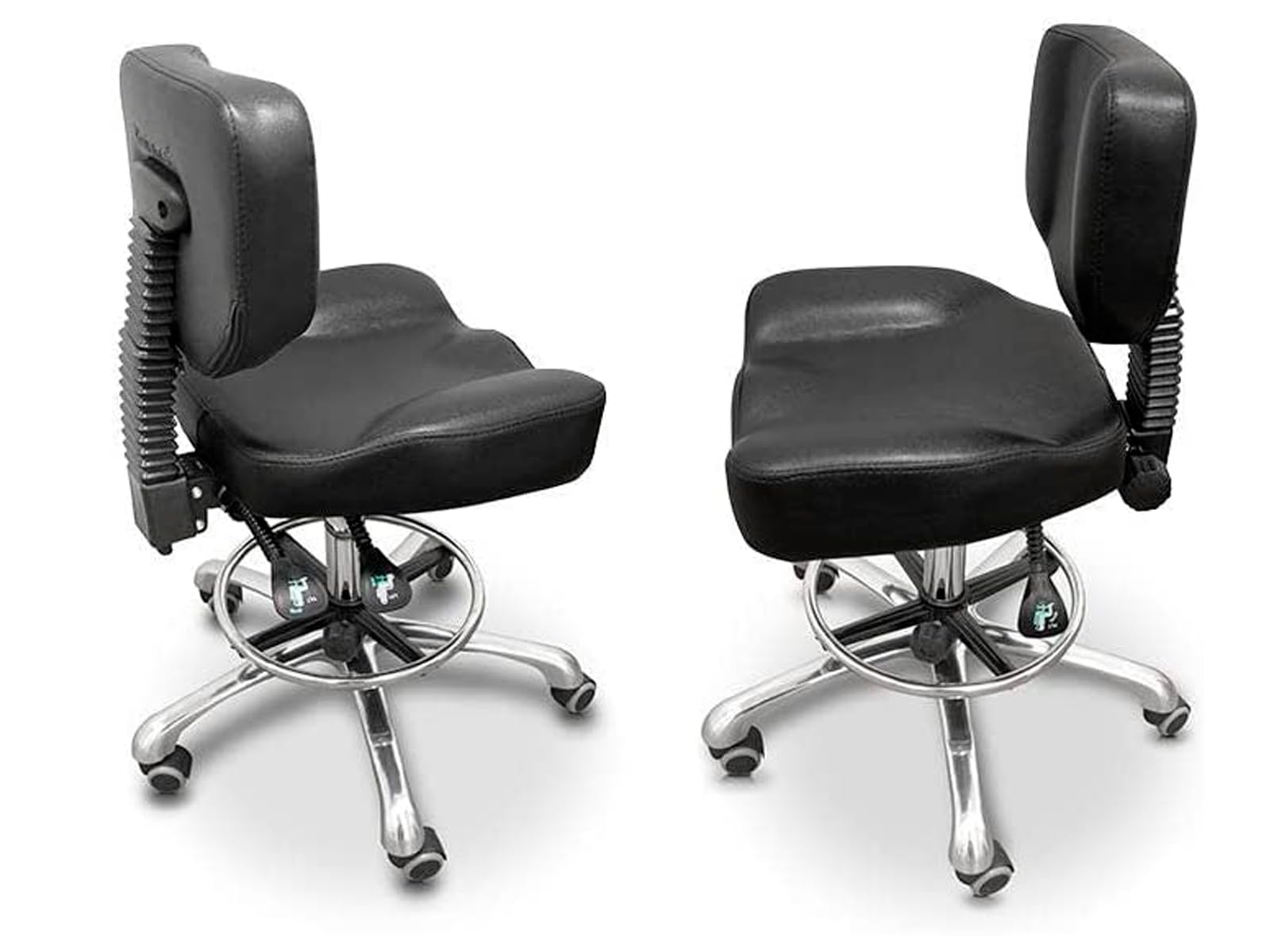 QUIRUMED Taburete hidráulico con Respaldo, Asiento reclinable y reposapiés, Color Negro, tapizado en Polipiel, Acero Cromado, Antideslizante, Ergonómico