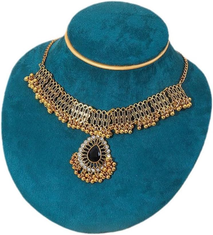 OIDIMS Fashion Choker Necklace Earring Maang Tikka Women's Jewelry Sets Bohemian Jhumka Jhumki Dangle Earrings Pendant Necklaces Crystal Bridal Wedding Mangtika Hair Accessories Jewellery for Ladies - Image 6