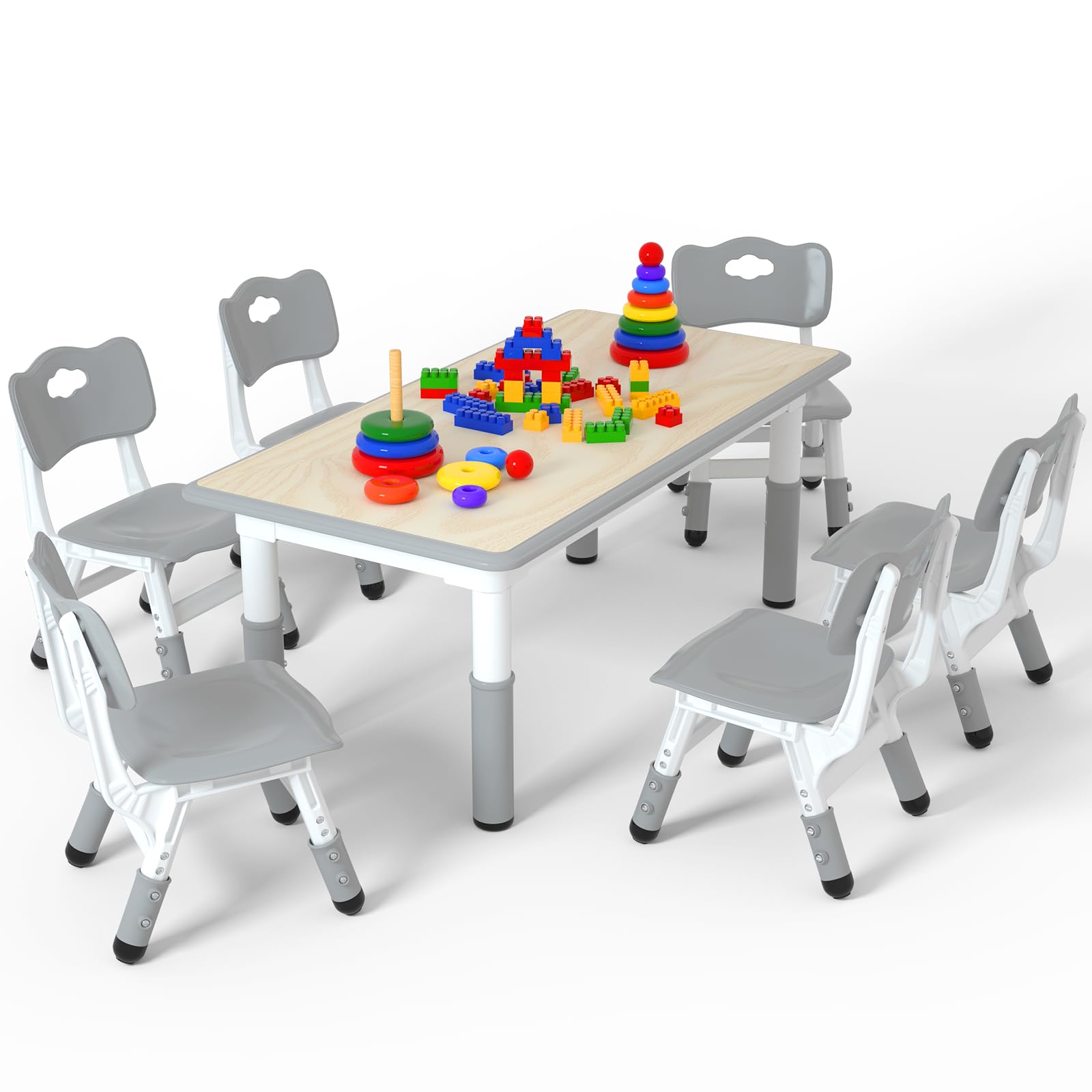 LulliSpace Kids Table and 6 Chairs Set，Height Adjustable Children Table &amp; Chair，Toddlers Study Multi-Activity Table with 47.2"x23.6" Wipe-Clean Desktop，for Classrooms, Homes &amp; Daycares