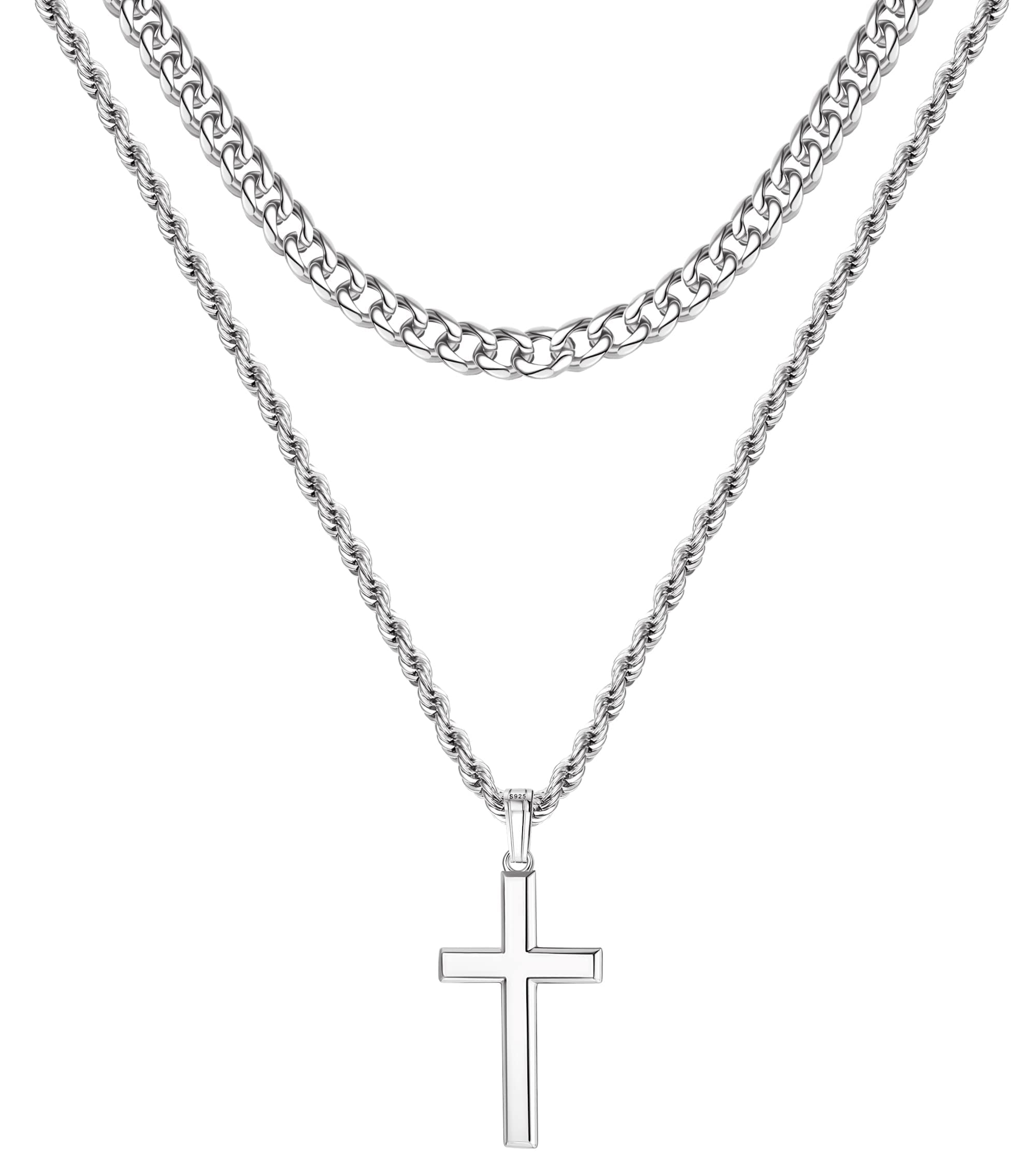 Roheafer 925 Sterling Silver Cross Pendant Necklace for Men Women Stainless Steel Layered Rope Chain Cross Necklace 5mm Diamond-Cut Cuban Chain Polished Beveled Edge Cross Necklace 20-24 Inch
