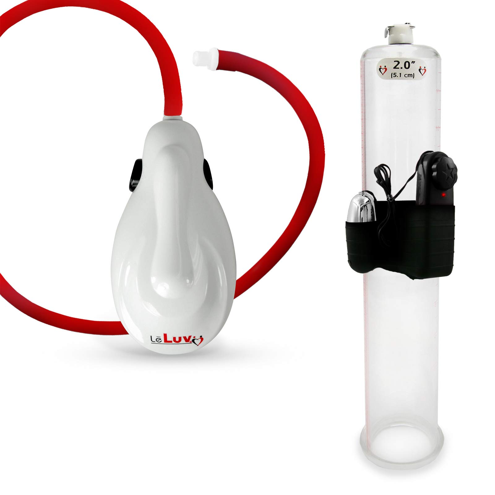 Bomba de pene eléctrica de mano LeLuv White eGrip con manguera de silicona no plegable, vibradora, cilindro sin cono de 30 cm de largo x 50 cm de diámetro.