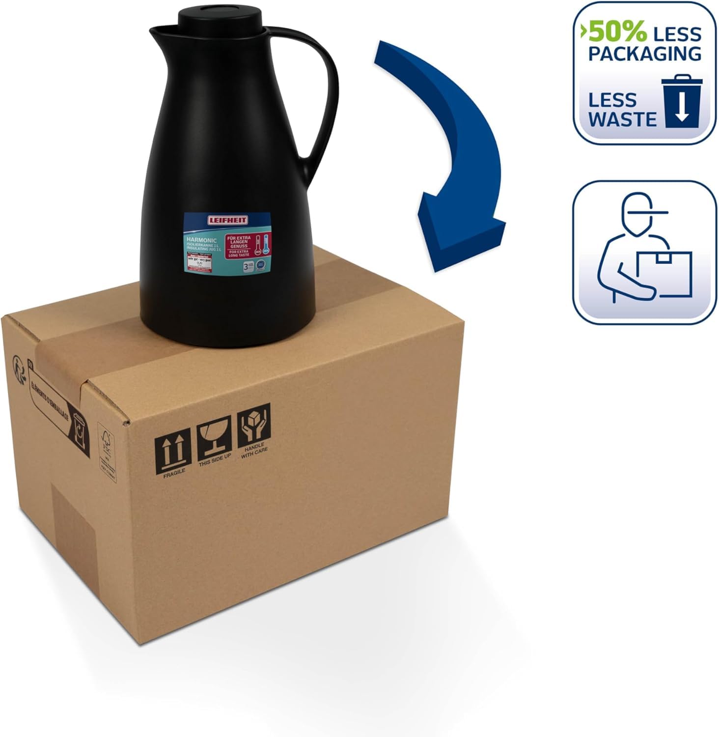 Leifheit Pichet isotherme 1L Harmonic, Pichet thermos café et thé 100% étanche, Thermos café chaud jusqu'à 24h, ouverture fermeture et versement d'une seule main, thermos design sans BPA, noir