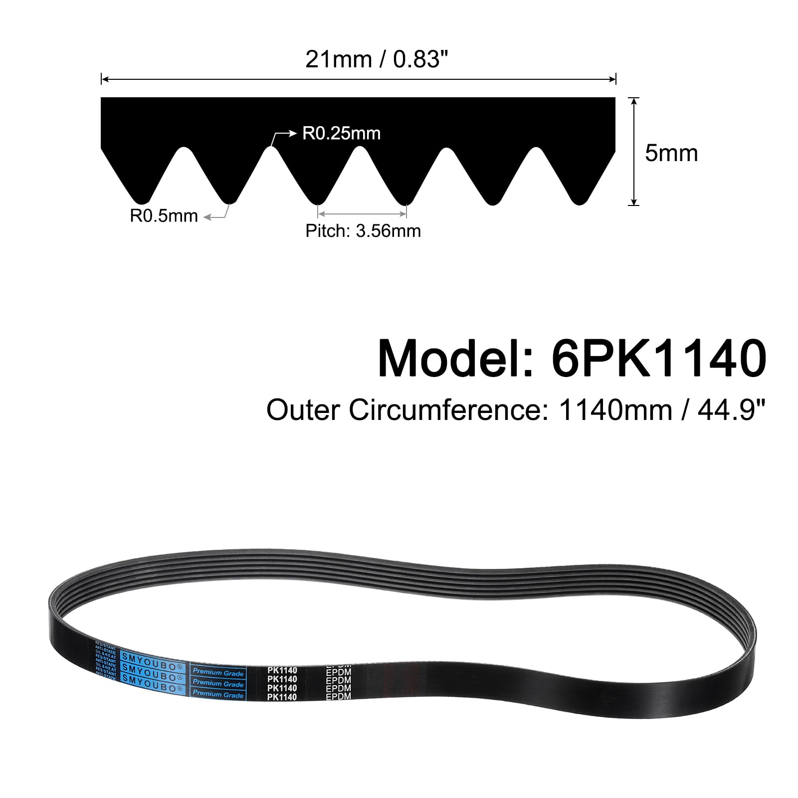 QUARKZMAN Courroie Striée 6Pk1140 6 Côtes 1140mm de Longueur x 21mm de Largeur x 5mm de Hauteur, Courroie en Epdm, Courroie Poly V, Courroie Micro V Multi-Gorges