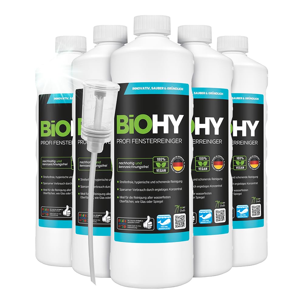 BiOHY Detergente per finestre professionale (6 bottiglie da 1l) + Distributore | Detergente concentrato per vetri | adatto ai PULITORI A VUOTO PER VETRI | pulizia senza striature (Fensterreiniger)