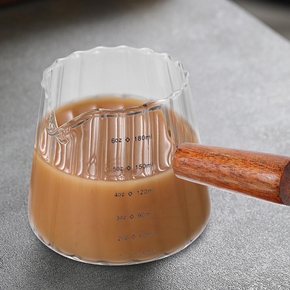 Jarra Medidora de Vidrio Pequeña 180ml Asa de Madera, 2 Piezas | Compacta y Portátil, para Medir Ingredientes, Resistente a Temperaturas, Uso en Cocina y Viajes