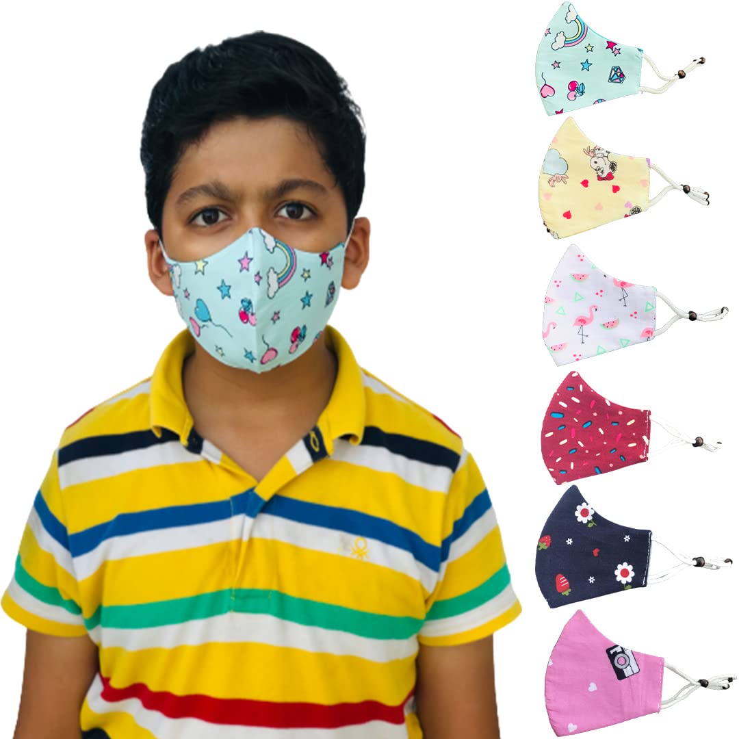 3 Layer Pure Cotton Kids Face Mask With Adjustor – Reusable & washable Cotton Kids Mask For 3-7 Years Old Boys & Girls – Designer Mask For Children Pack of 3 or 6