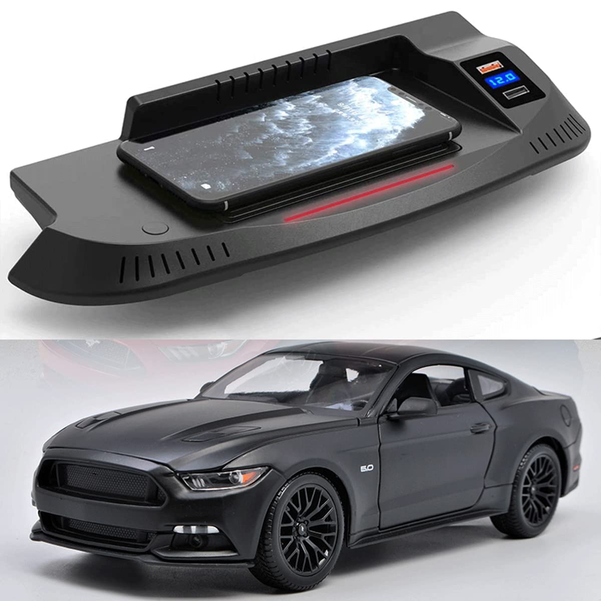 Wireless Car Charger for 2021 2020 2019 2018 2017 2016 2015 for-d Mustang Center Console Accessory Panel, 15W Qi Wireless Fast 3 Coil Charger with QC3.0 USB Port for All QI Smartphones