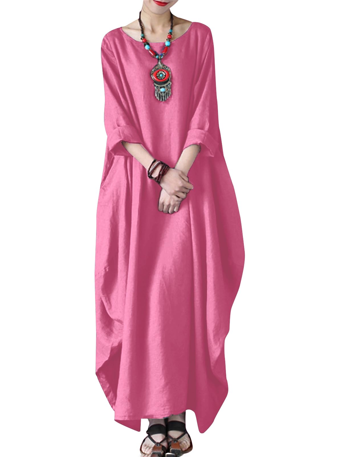 Celmia Autumn Solid Loose Long Maxi Dress Cotton Caftan