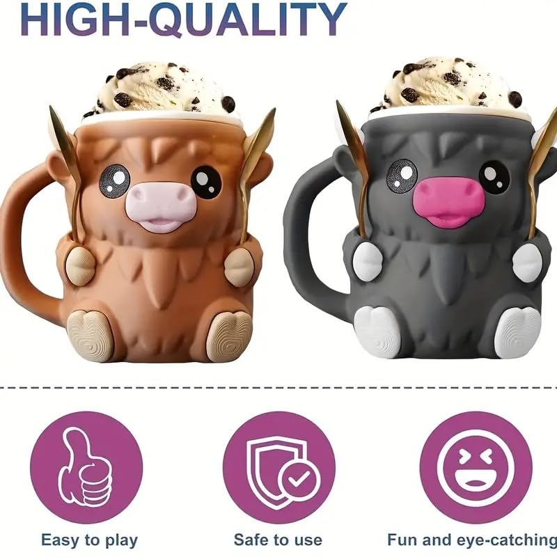 2er-Set Highland Cow Eisbecher-Halter – Inkl. 4 Löffel, 3D-Design, Aus Hochwertigem PLA – Perfekt Für Partys, Camping & Picknick