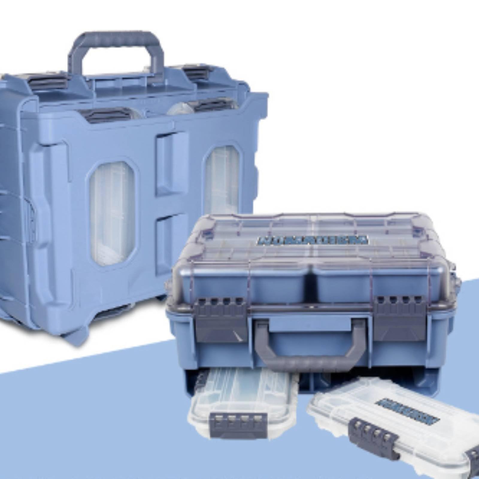 MERIGLARE Angelkoffer wasserdichte Angeltasche Zubehörbox mit Fächern Robustes Hartschale Gehäuse aus Und PP Ordnung für Köder Haken für Seeufer Reisen Wochenendausflüge, Array, Blau