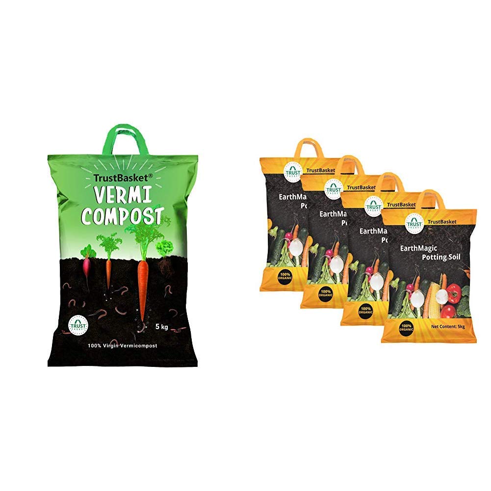 TrustBasket Organic Vermicompost Fertilizer Manure for Plants - 5 KG & Enriched Organic Earth Magic Potting Soil Mix with Required Fertilizers for Plants- 20 K Combo