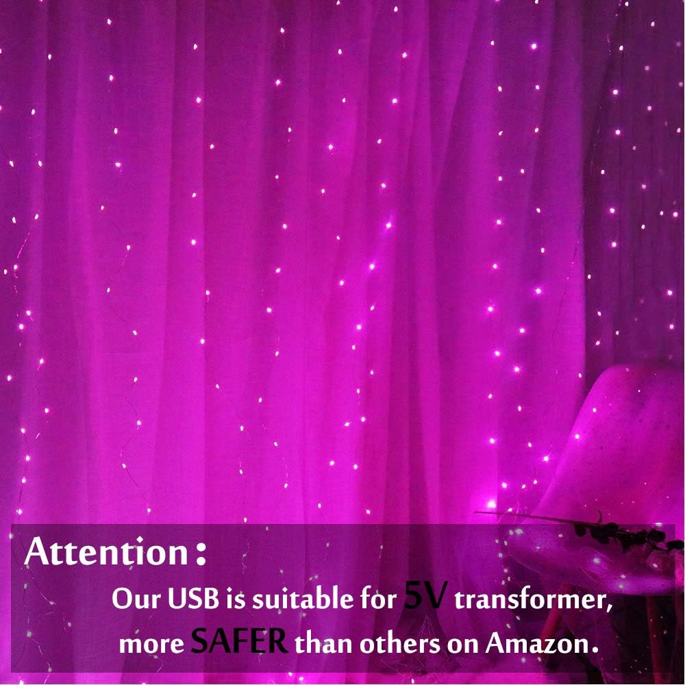 Obrecis Window Curtain Lights 300 LED 8 Modes with Remote USB Plug in Copper Starry String Fairy Lights for Valentine's Day, Girls Bedroom, Window Decorations -9.8ft x 9.8ft（Pink）