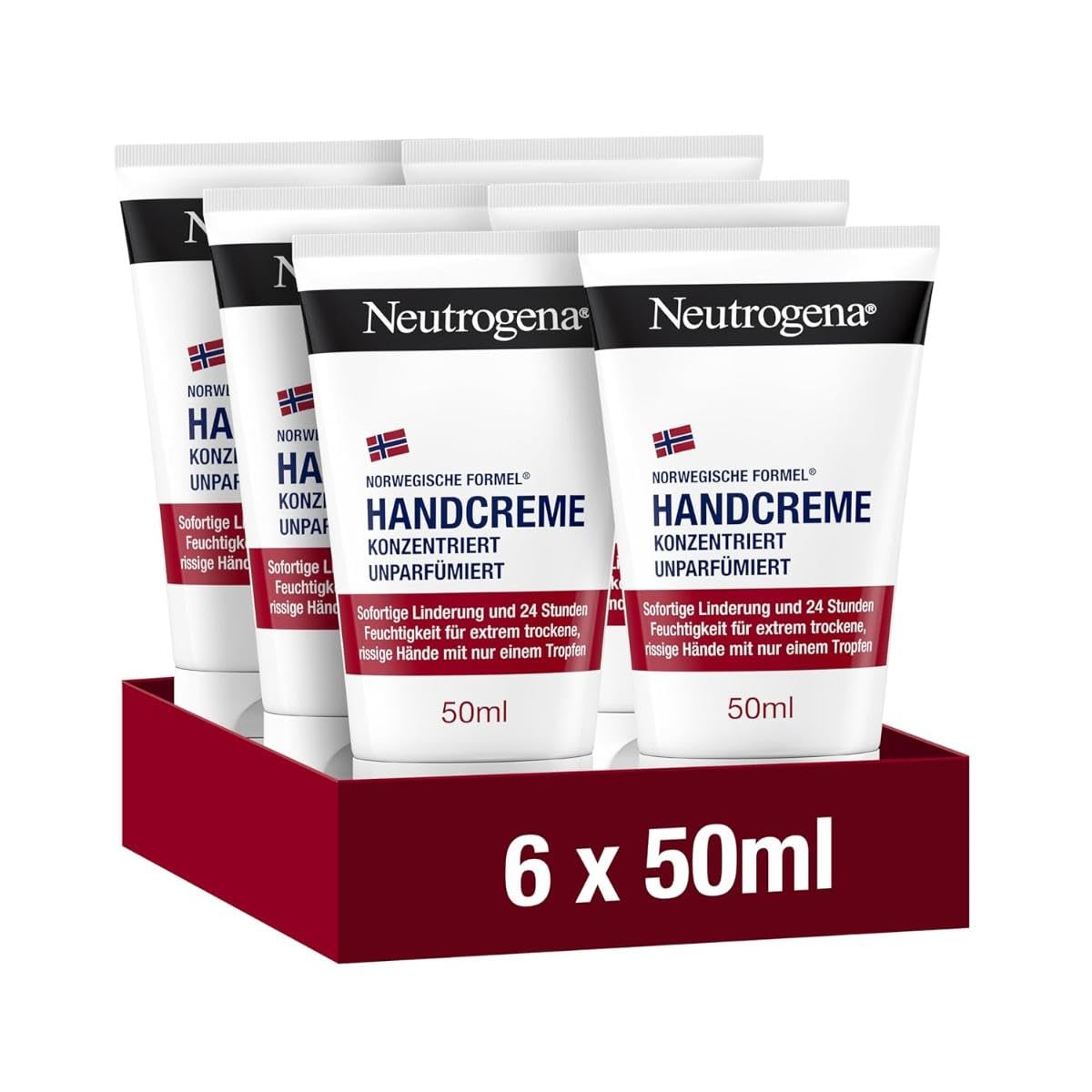 Neutrogena Handcreme konzentriert unparfümiert(6x50ml), beruhigende Feuchtigkeitscreme mit 40prozent Glycerin plus Vitamin E, sofort feuchtigkeitsspendende Handcreme für sehr trockene Hände, Sparset