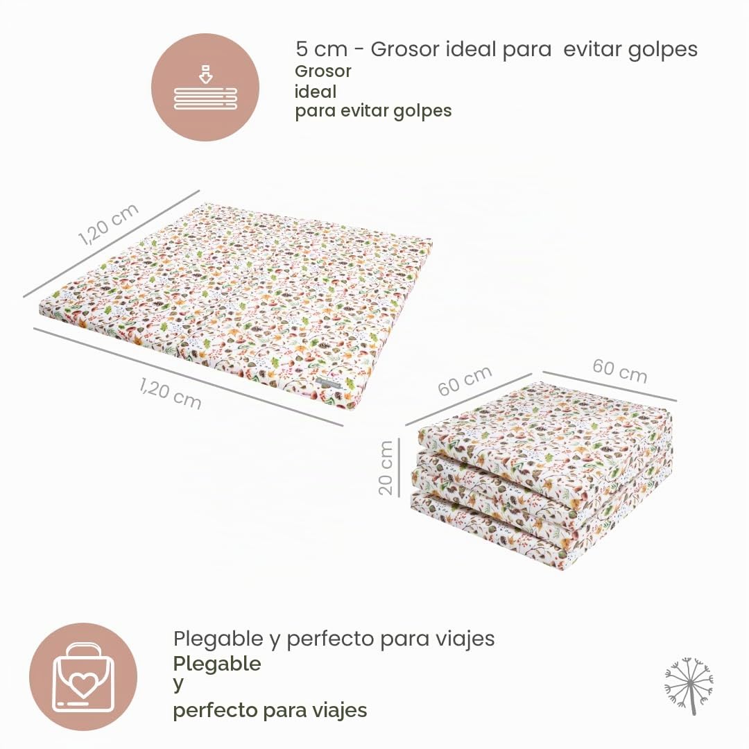 Colchoneta Bebe Suelo Mimuselina | Alfombra bebe 120x120 cm | Mullida, Desenfundable y Lavable | Ideal para Gatear, Jugar y Andar | Certificado OEKO-TEX | Plegable y Aislante del Frío (Forest)