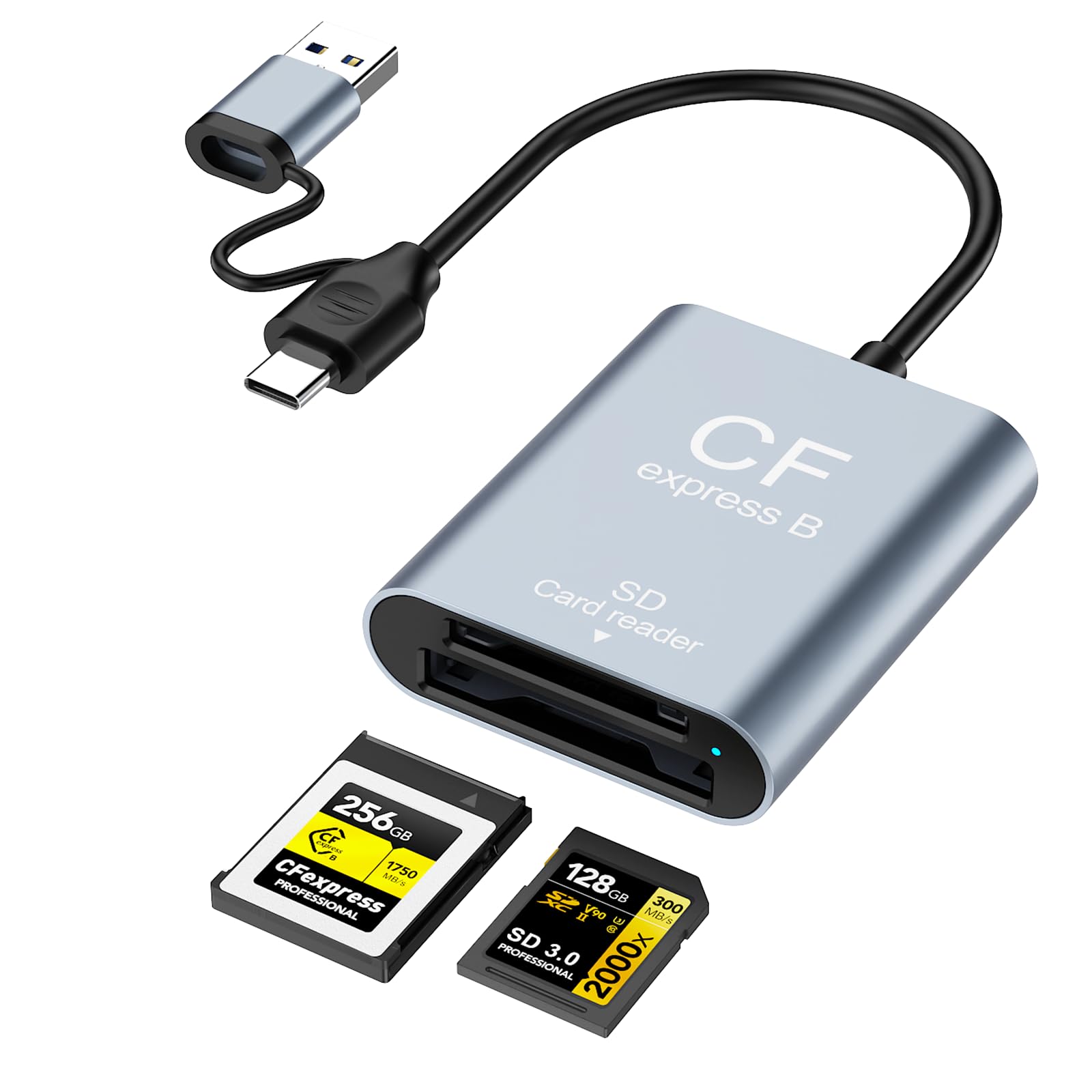 Lettore di schede CFexpress professionale di tipo B e SD con USB 3.2 (Gen 2) 10 Gbps, USB-C e USB-A 2 in 1 Tipo B SD Dual Slot Adattatore CF Express, UHS-II/UHS-I, lettore di schede di memoria in lega