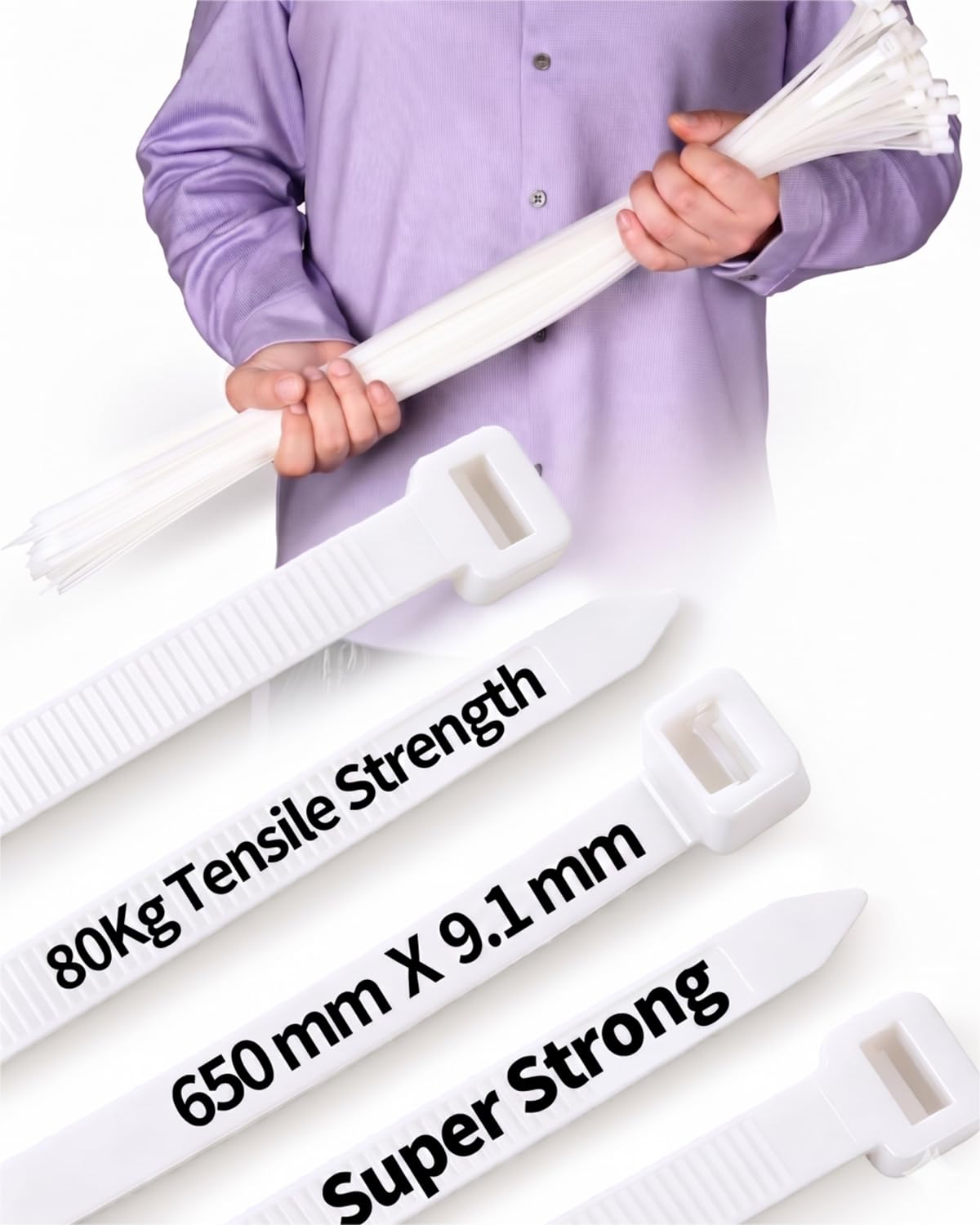 50 PCS Long Heavy Duty Cable Ties Black,650mm x 9.1mm with 80 KGS Ultra Strong Tensile Strength, Large UV Resistant Extra Long Cable Zip Ties Wraps for HVAC Outdoor Construction (White)