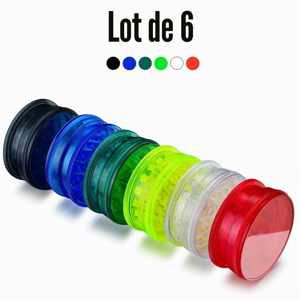 Pack x6 Moulins à herbes en plastique, Grinders 2,4 pouces (60mm), Grinder à 3 pièces, incluses couvercle magnétique et compartiment de rangement hermétique