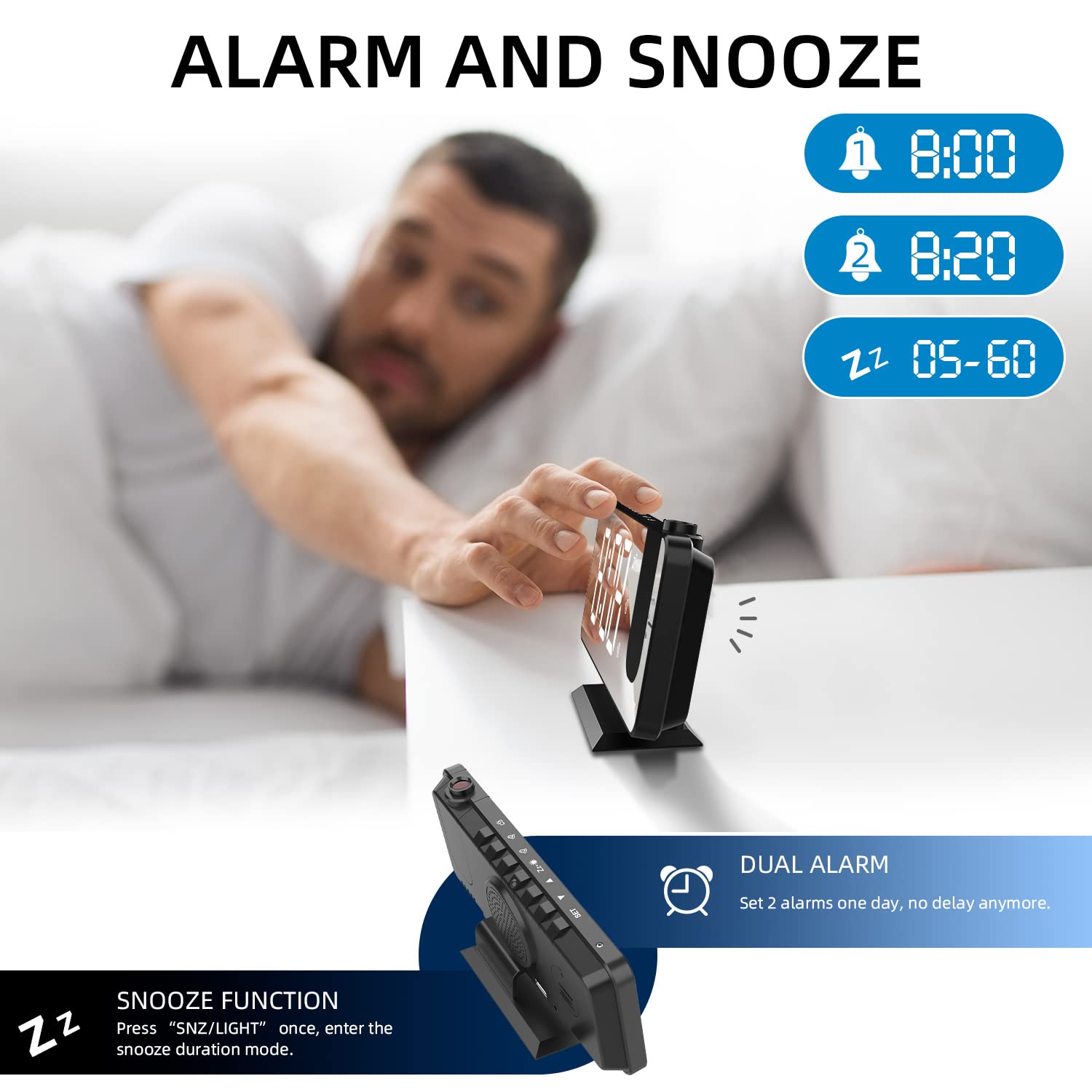 Sveglia Digitale Con Proiezione Sul Soffitto - 4 Livelli Luminosità - Doppia Sveglia E USB - Specchio - Foto 8